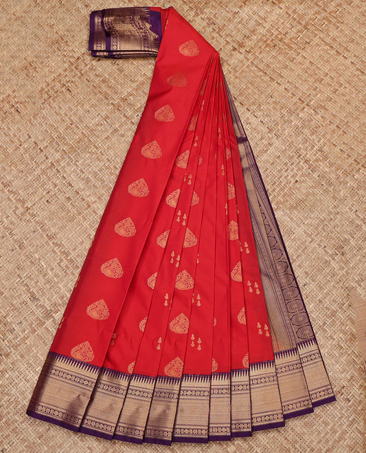 Red Budget Silk Saree, Detailed with Zari Buttas All Over Its Body, Complemented by a Contrast Traditional Zari Border, Grand Traditional Zari Design Pallu, and Paired with a Contrast Blouse