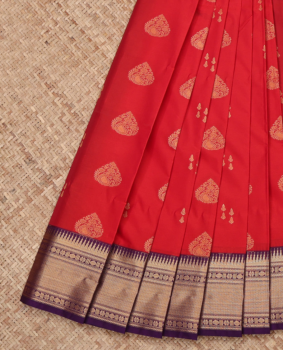 Red Budget Silk Saree, Detailed with Zari Buttas All Over Its Body, Complemented by a Contrast Traditional Zari Border, Grand Traditional Zari Design Pallu, and Paired with a Contrast Blouse
