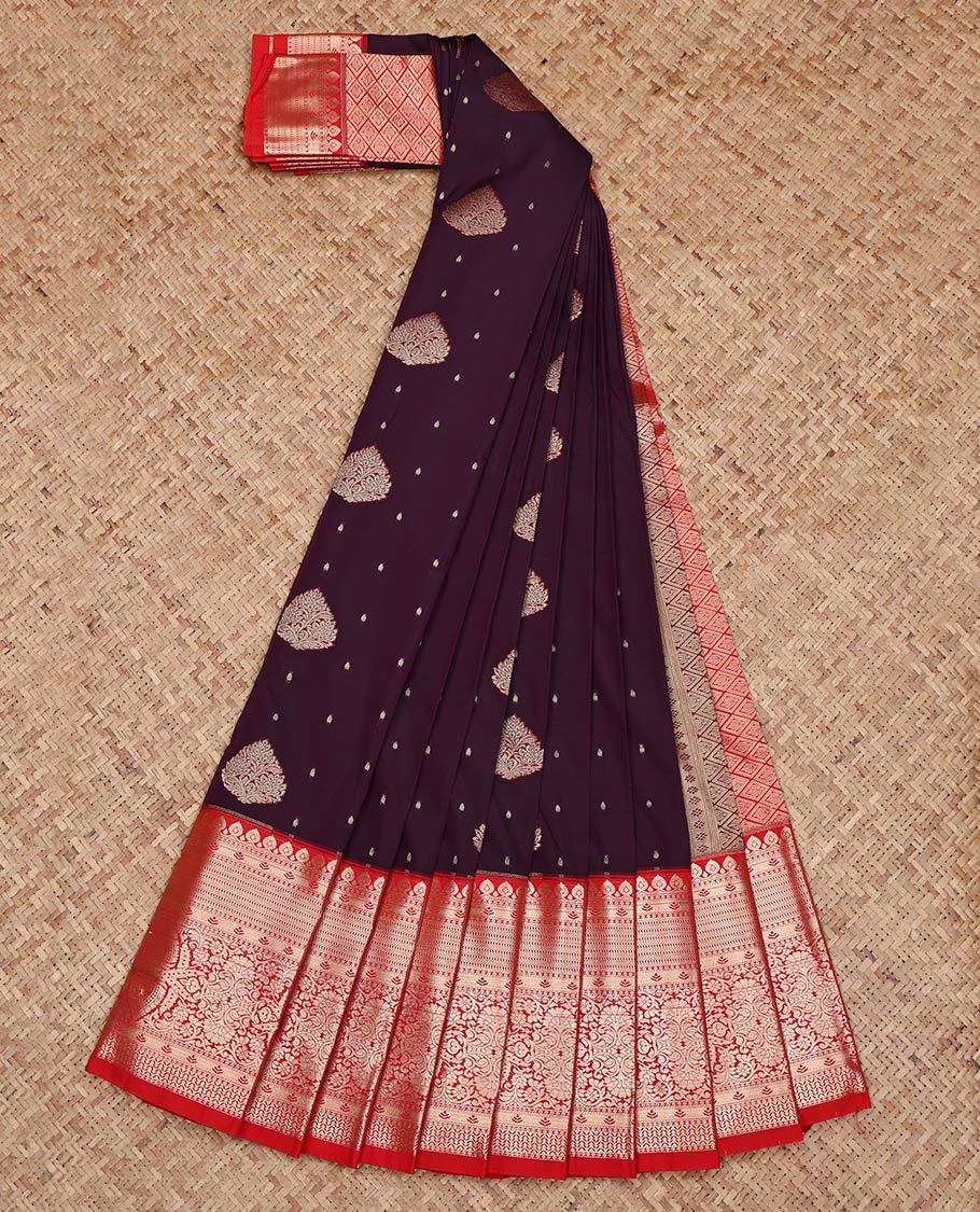 Wine Budget Silk Saree, Embellished with Zari Buttas on Its Body, Complemented by Contrast Traditional Zari Design Border, Grand Jaal Pallu, and Paired with a Contrast Blouse