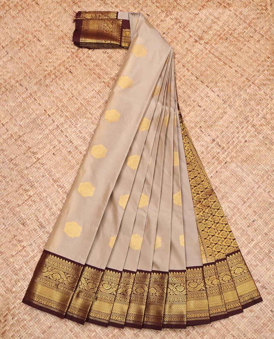 Grey Budget Silk Saree, Graced with Zari Buttas on Its Body, Complemented by a Contrast Traditional Zari Design Border, Pallu of Jaal Design, and Paired with a Contrast Blouse