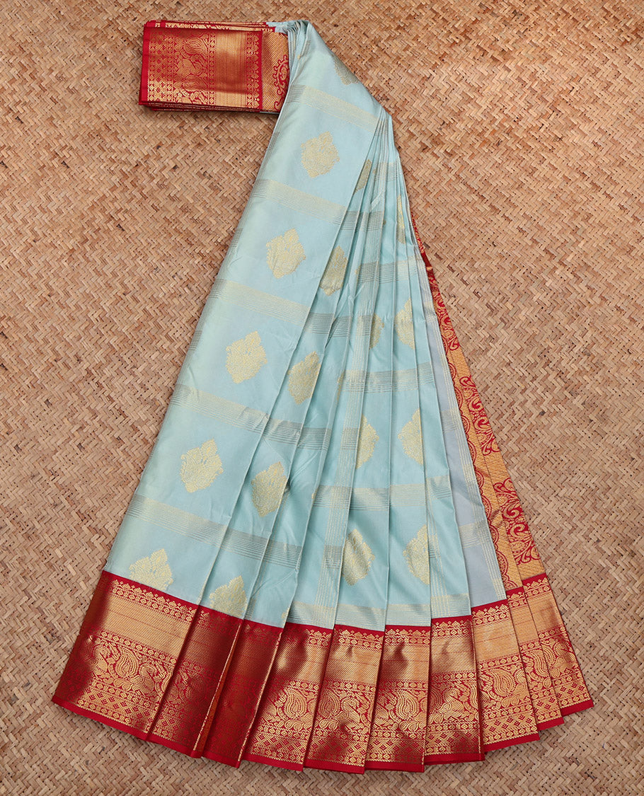 Light Blue Budget Silk Saree, Sparsely Woven with Buttas and Stripes, Complemented by Contrast Traditional Zari Border, Grand Pallu and a Contrast Blouse