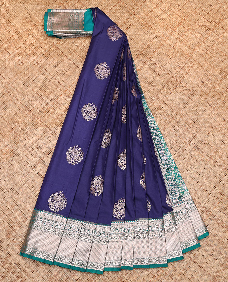 Blue Budget Silk Saree, Accentuated with Zari Buttas, Complemented by a Contrast Traditional Zari  Border, Grand Jaal Pallu, and a Contrast Blouse
