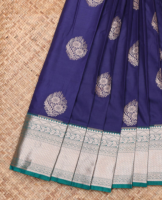 Blue Budget Silk Saree, Accentuated with Zari Buttas, Complemented by a Contrast Traditional Zari  Border, Grand Jaal Pallu, and a Contrast Blouse