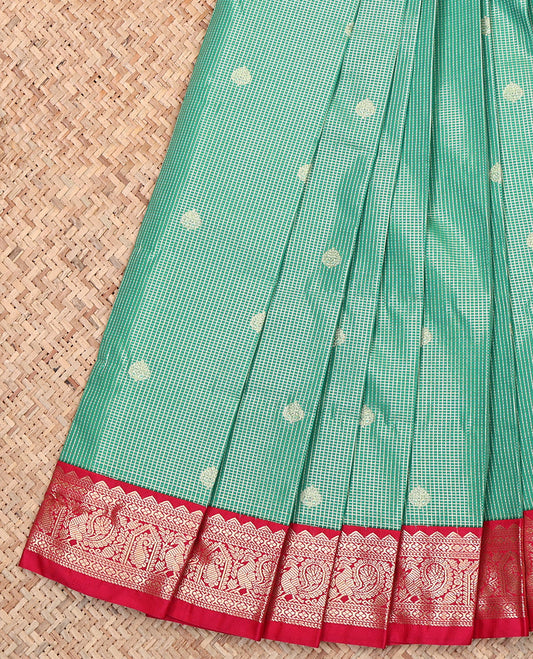 Green Budget Silk Saree, Ornamented with Zari Buttas and Micro-Checks, Complemented by a Contrast Traditional Zari Border, Geometric-Patterned Pallu, and a Contrast Blouse