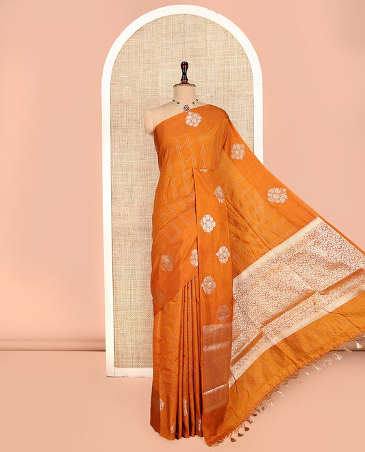 Orange Assam Silk Saree, Finely Crafted with Zari Checks, Highlighted by a Floral Zari Border, Intricate Pallu, and a Matching Blouse