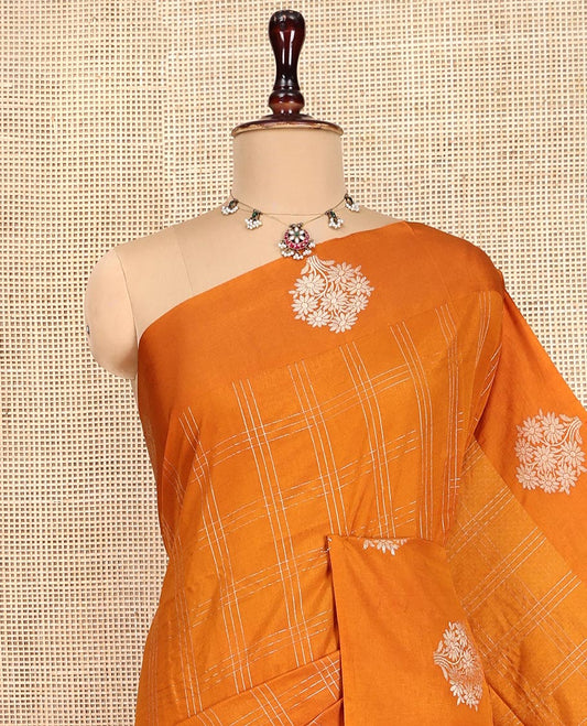 Orange Assam Silk Saree, Finely Crafted with Zari Checks, Highlighted by a Floral Zari Border, Intricate Pallu, and a Matching Blouse