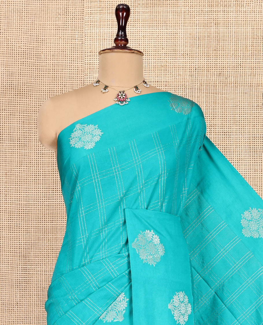 Blue Assam Silk Saree, Finely Crafted with Zari Checks, a Floral-Motif Zari Border, a Pallu of Intricate Zari Designs, and a Jacquard Blouse