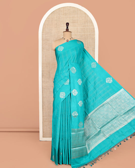 Blue Assam Silk Saree, Finely Crafted with Zari Checks, a Floral-Motif Zari Border, a Pallu of Intricate Zari Designs, and a Jacquard Blouse