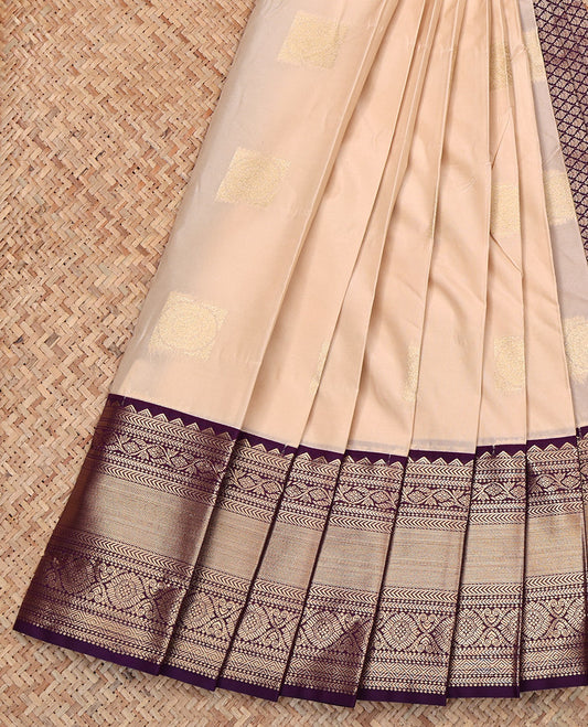Sandal Budget Silk Saree, Sparsely Threaded with Zari Buttas, Complemented by Contrast Traditional Zari Border, Jaal Pallu, and a Contrast Blouse