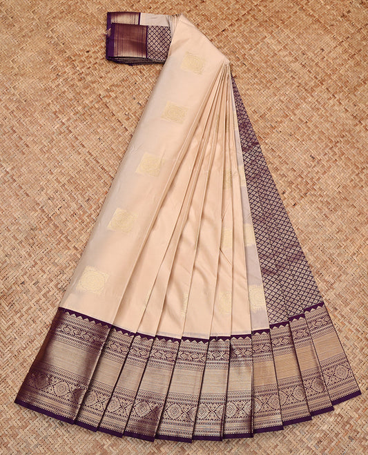 Sandal Budget Silk Saree, Sparsely Threaded with Zari Buttas, Complemented by Contrast Traditional Zari Border, Jaal Pallu, and a Contrast Blouse