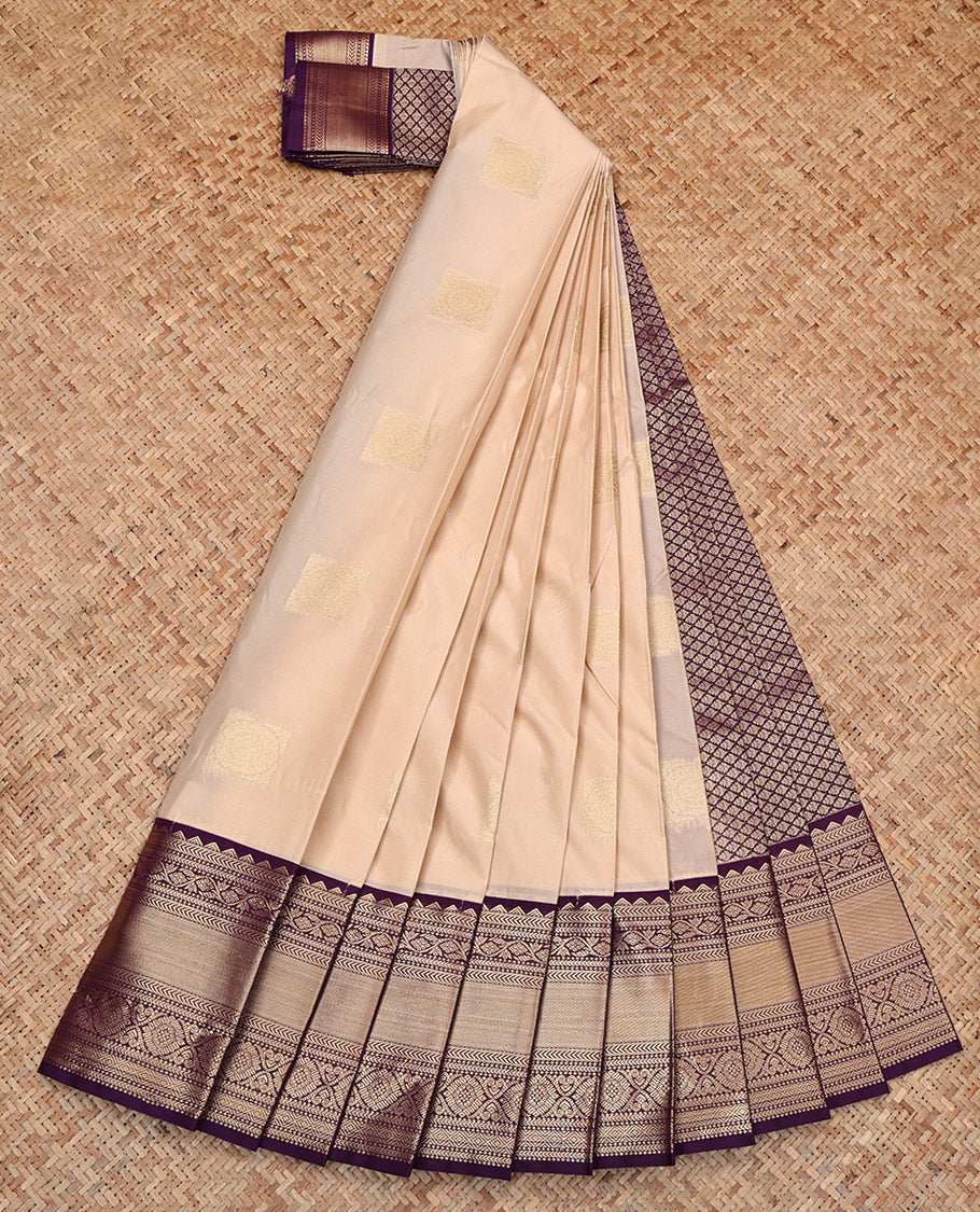 Sandal Budget Silk Saree, Sparsely Threaded with Zari Buttas, Complemented by Contrast Traditional Zari Border, Jaal Pallu, and a Contrast Blouse