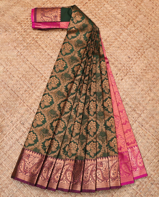 Green Budget Silk Saree, Enriched with Jacquard Design, Complemented by Contrast Paisley Border, Grand Pallu and a Contrast Blouse