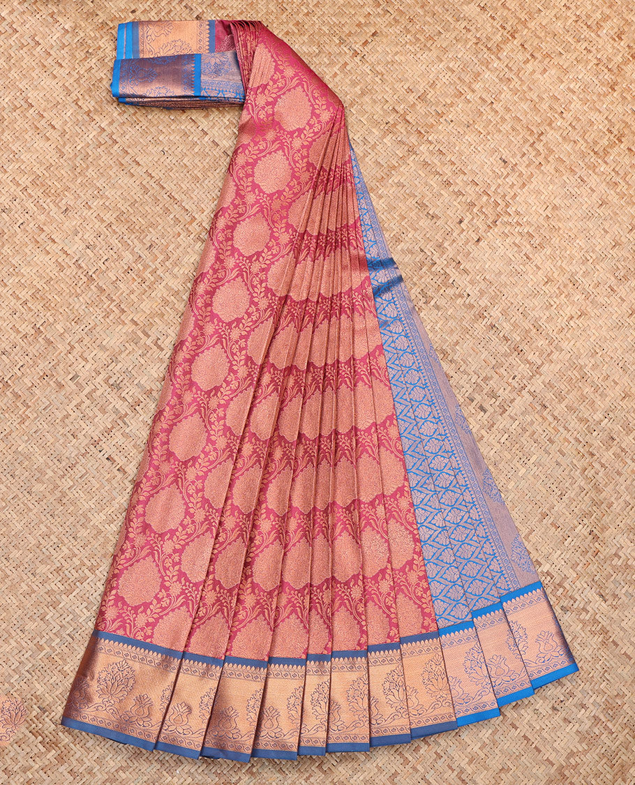 Pink Budget Silk Saree, Accentuated with Jacquard, Complemented by Contrast Traditional Zari Border, Intricate Pallu, and a Contrast Blouse