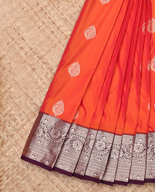 Orange Budget Silk Saree, Bedecked with Zari Buttas, Complemented by a Contrast Traditional Zari Border, Grand Pallu, and Contrast Blouse