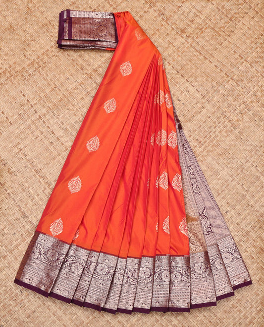 Orange Budget Silk Saree, Bedecked with Zari Buttas, Complemented by a Contrast Traditional Zari Border, Grand Pallu, and Contrast Blouse