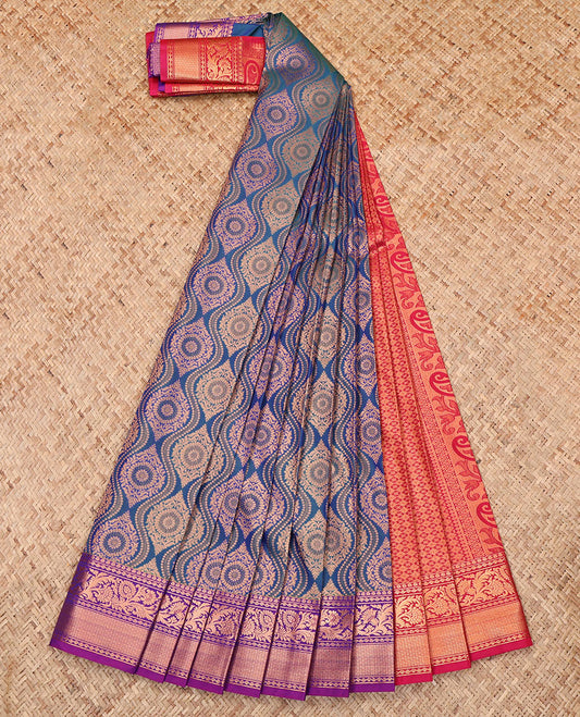 Blue Budget Silk Saree, Elevated with a Jacquard Design, Complemented by a Contrast Zari Border, Intricate Pallu, and Contrast Blouse