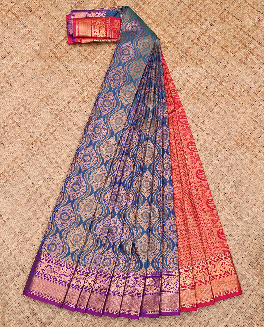 Blue Budget Silk Saree, Elevated with a Jacquard Design, Complemented by a Contrast Zari Border, Intricate Pallu, and Contrast Blouse