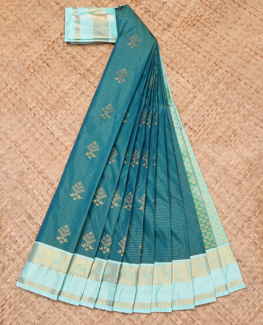 Blue Budget Silk Saree, Embellished with Zari Buttas and Stripes, Complemented by a Contrast Traditional Zari Border, Grand Pallu, and Contrast Blouse
