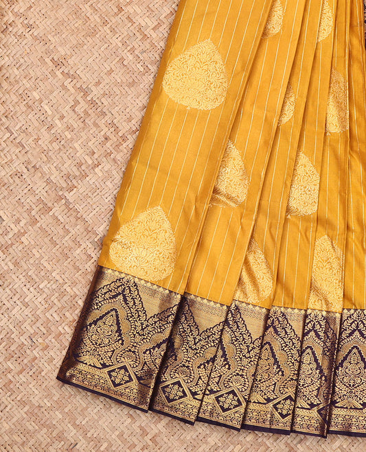 Mustard Budget Silk Saree, Elevated with Zari Buttas and Stripes, Complemented by a Contrast Traditional Zari Border, Intricately Designed Pallu, and a Contrast Blouse