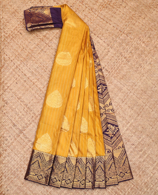 Mustard Budget Silk Saree, Elevated with Zari Buttas and Stripes, Complemented by a Contrast Traditional Zari Border, Intricately Designed Pallu, and a Contrast Blouse