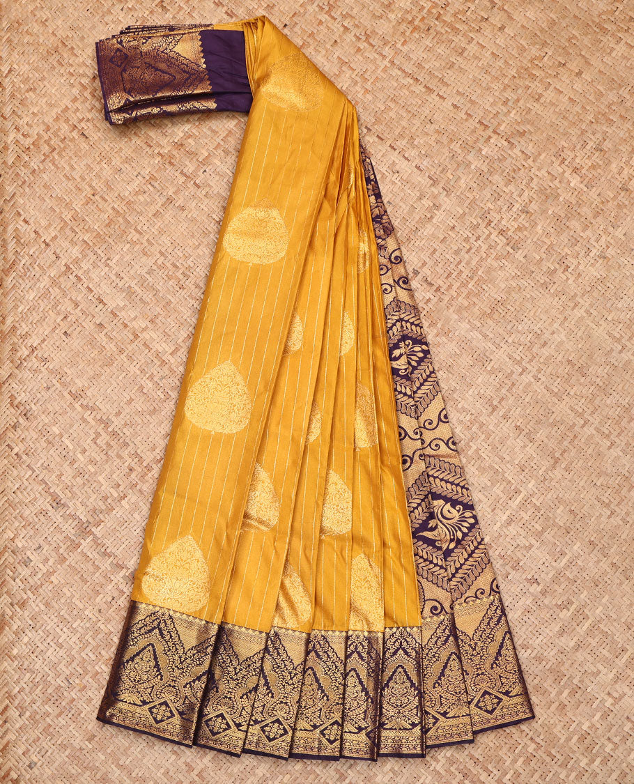 Mustard Budget Silk Saree, Elevated with Zari Buttas and Stripes, Complemented by a Contrast Traditional Zari Border, Intricately Designed Pallu, and a Contrast Blouse