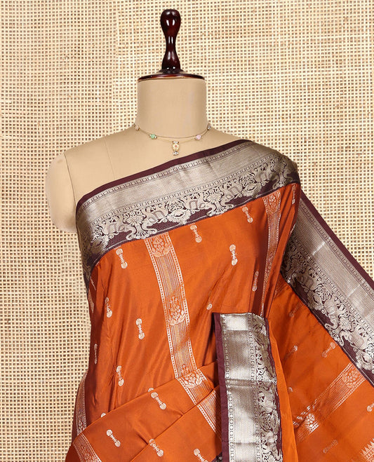 Orange Budget Silk Saree, Woven with Zari Designs, Complemented by a Contrast Traditional Zari Border, Grand Pallu, and a Contrast Blouse