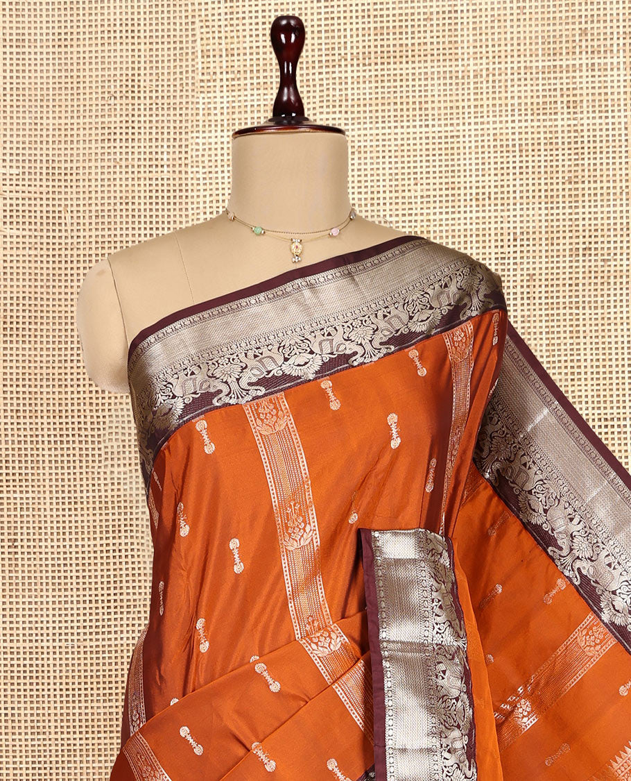 Orange Budget Silk Saree, Woven with Zari Designs, Complemented by a Contrast Traditional Zari Border, Grand Pallu, and a Contrast Blouse