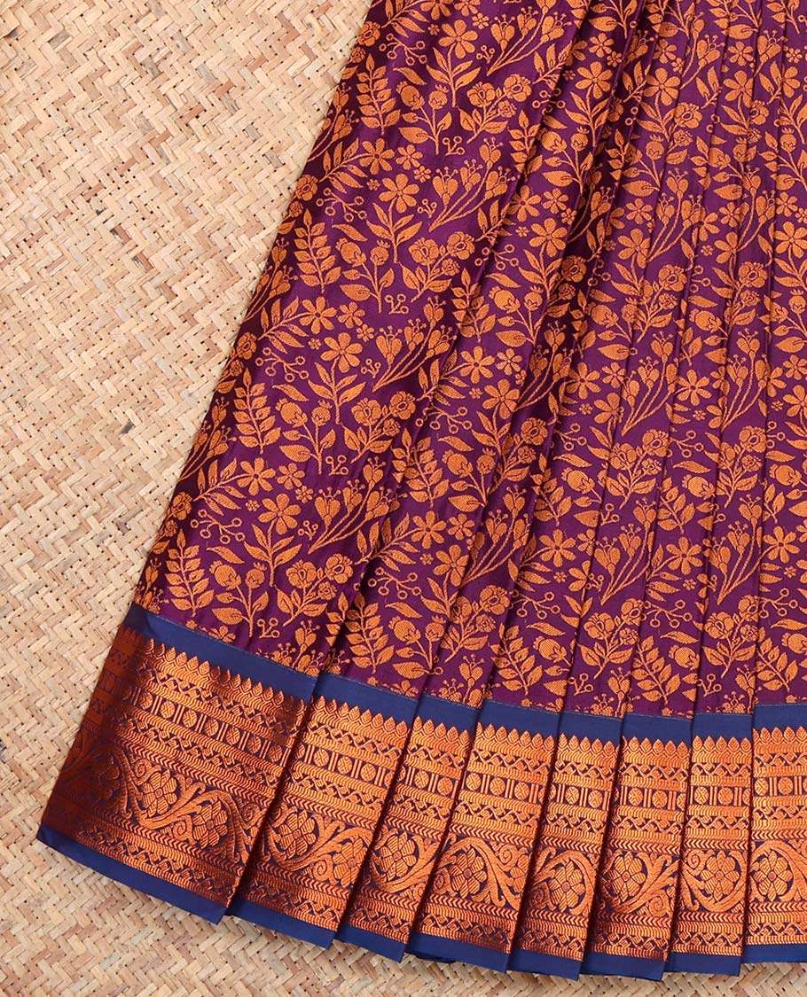Purple Budget Silk Saree, Embellished with Floral Vine Design, Complemented by Contrast Traditional Floral Creeper Zari Border, a Jaal Pallu and a Contrast Blouse