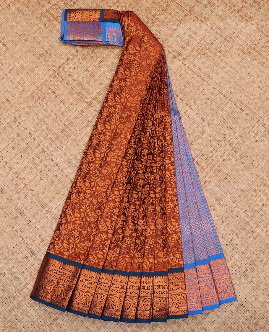 Brown Budget Silk Saree, Ornamented with Jacquard Design, a Contrast Traditional Zari Border, Jaal Pallu, and a Contrast Blouse