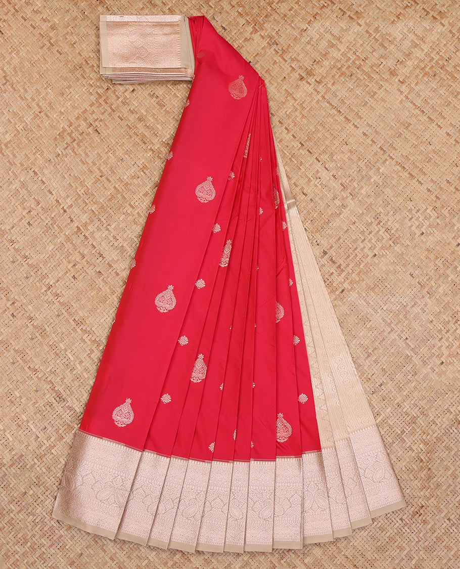 Red Budget Silk Saree, Elevated with Zari Buttas, Complemented by a Contrast Traditional Zari Border, Pallu of Jaal and Paisleys, and a Contrast Blouse