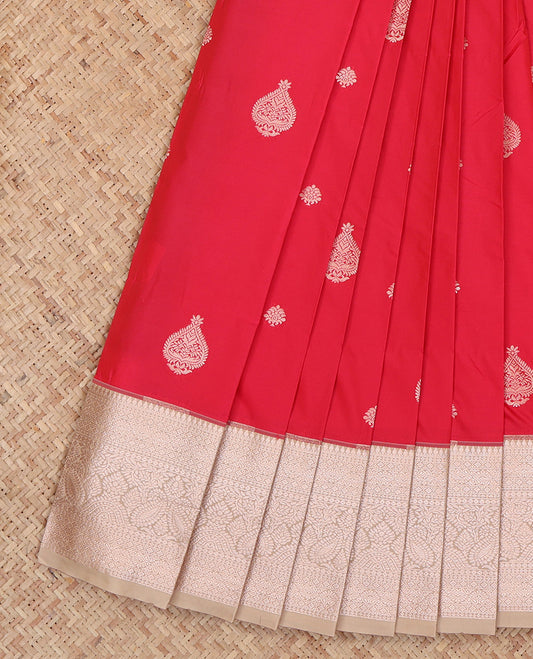 Red Budget Silk Saree, Elevated with Zari Buttas, Complemented by a Contrast Traditional Zari Border, Pallu of Jaal and Paisleys, and a Contrast Blouse