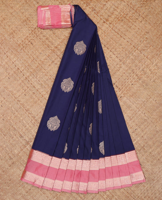 Navy Blue Budget Silk Saree, Graced with Zari Buttas, a Contrast Traditional Rettai Pettu Border, Grand Pallu, and a Contrast Blouse