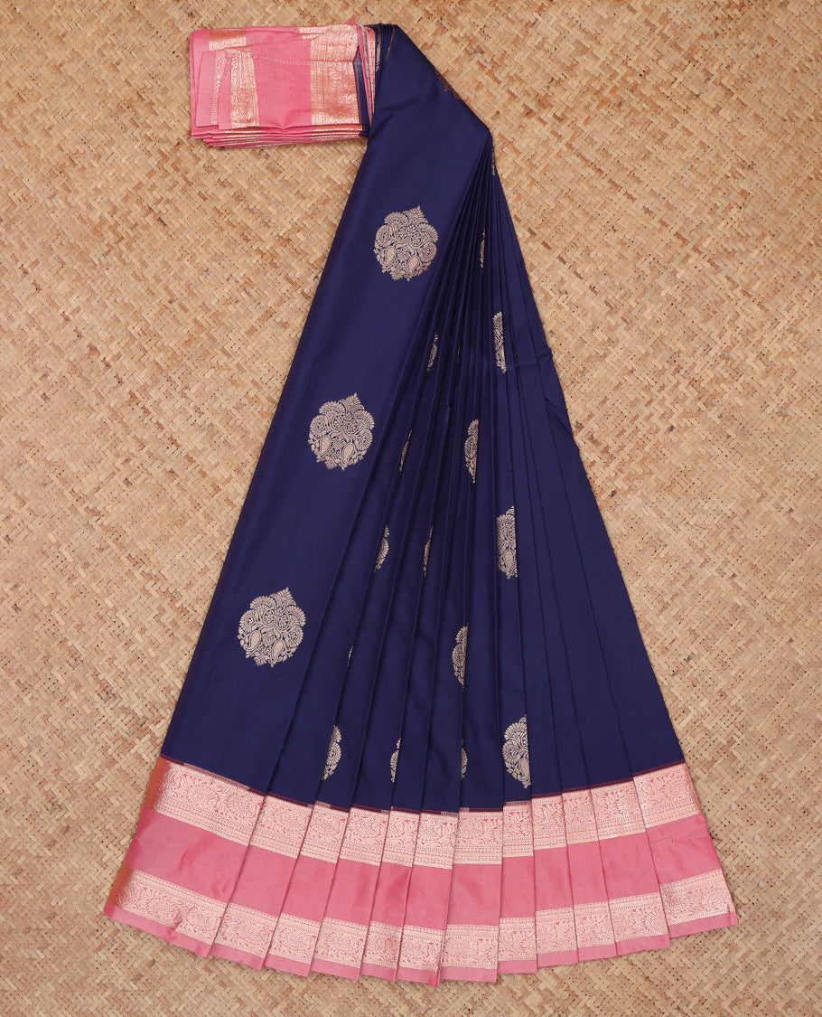 Navy Blue Budget Silk Saree, Graced with Zari Buttas, a Contrast Traditional Rettai Pettu Border, Grand Pallu, and a Contrast Blouse