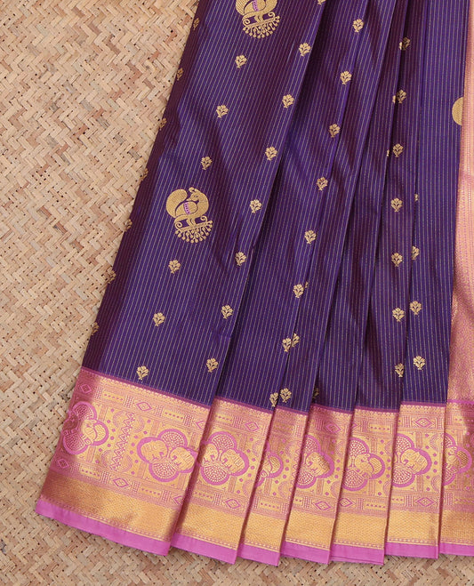 Purple Budget Silk Saree, Decorated with Stripes and Peacock Buttas, a Contrast Traditional Elephant Zari Border, a Grand Pallu and a Contrast Blouse