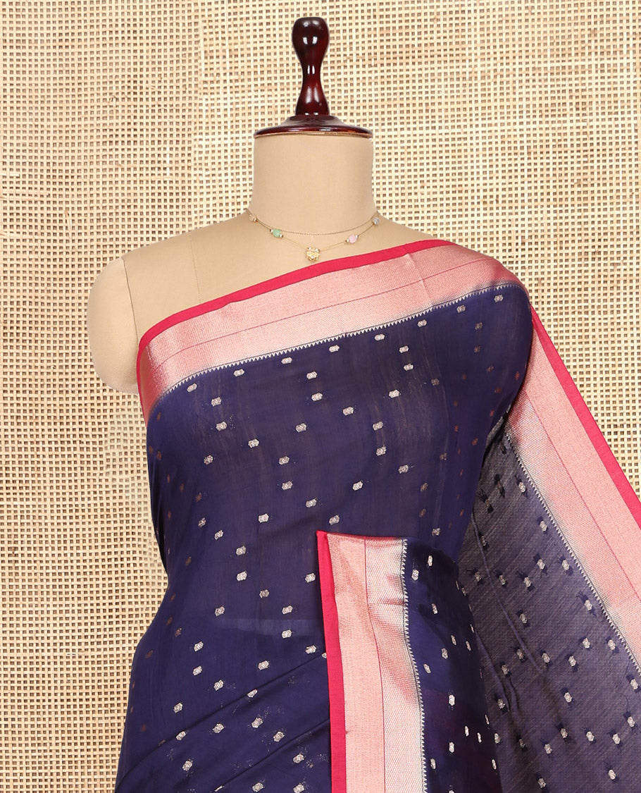 Blue Assam Silk Saree, Ornamented with Zari Buttas, Complemented by Contrast Traditional Zari Border,  Zari Woven Pallu, and Contrast Blouse