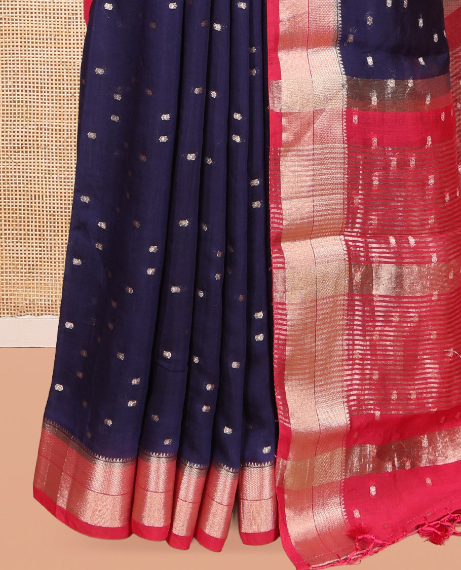 Blue Assam Silk Saree, Ornamented with Zari Buttas, Complemented by Contrast Traditional Zari Border,  Zari Woven Pallu, and Contrast Blouse