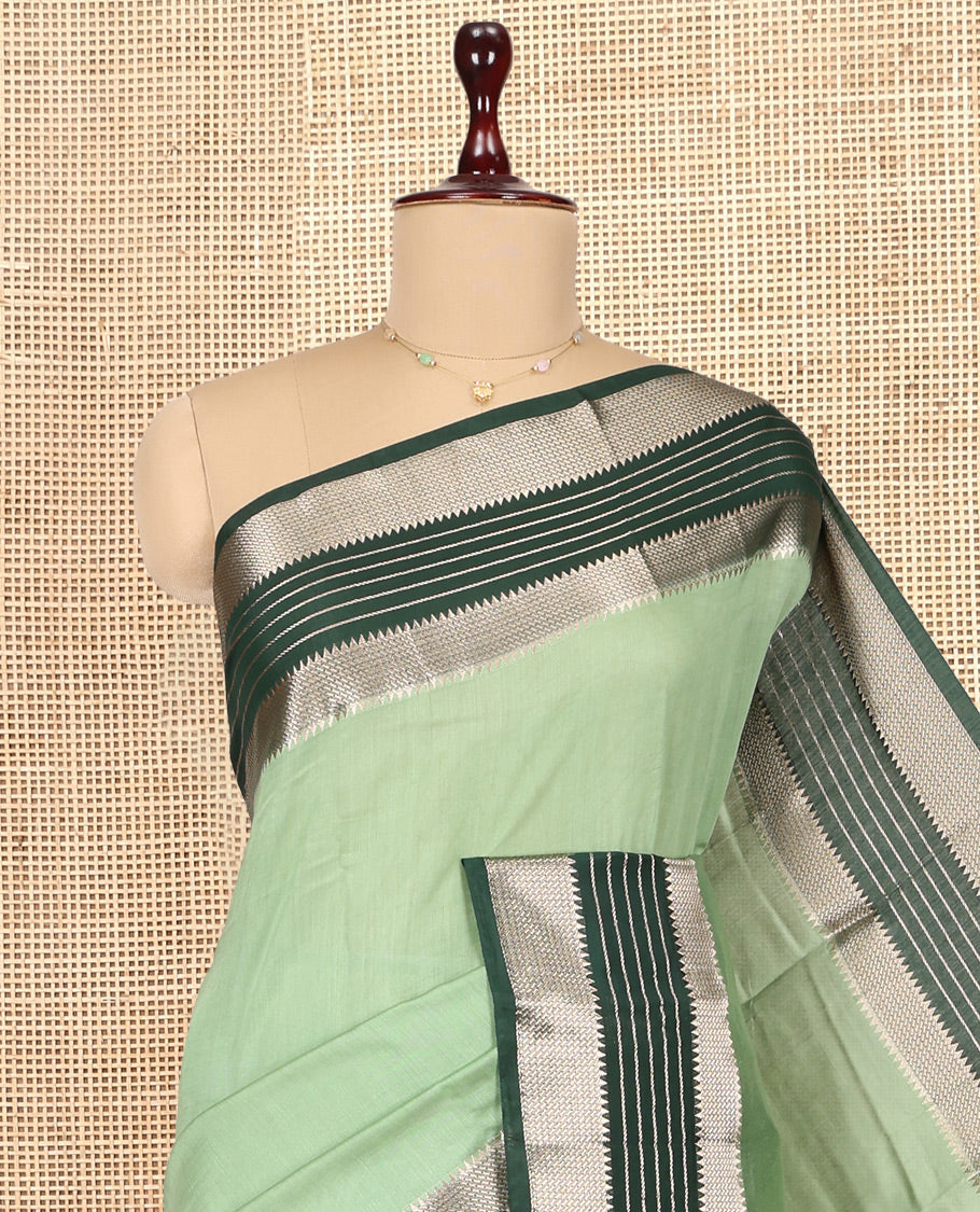 Green Plain Assam Silk Saree, Complemented by Contrast Traditional Zari Border,  Zari Woven Pallu, and Contrast Blouse