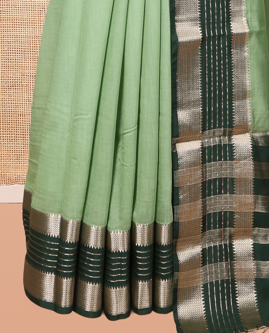 Green Plain Assam Silk Saree, Complemented by Contrast Traditional Zari Border,  Zari Woven Pallu, and Contrast Blouse