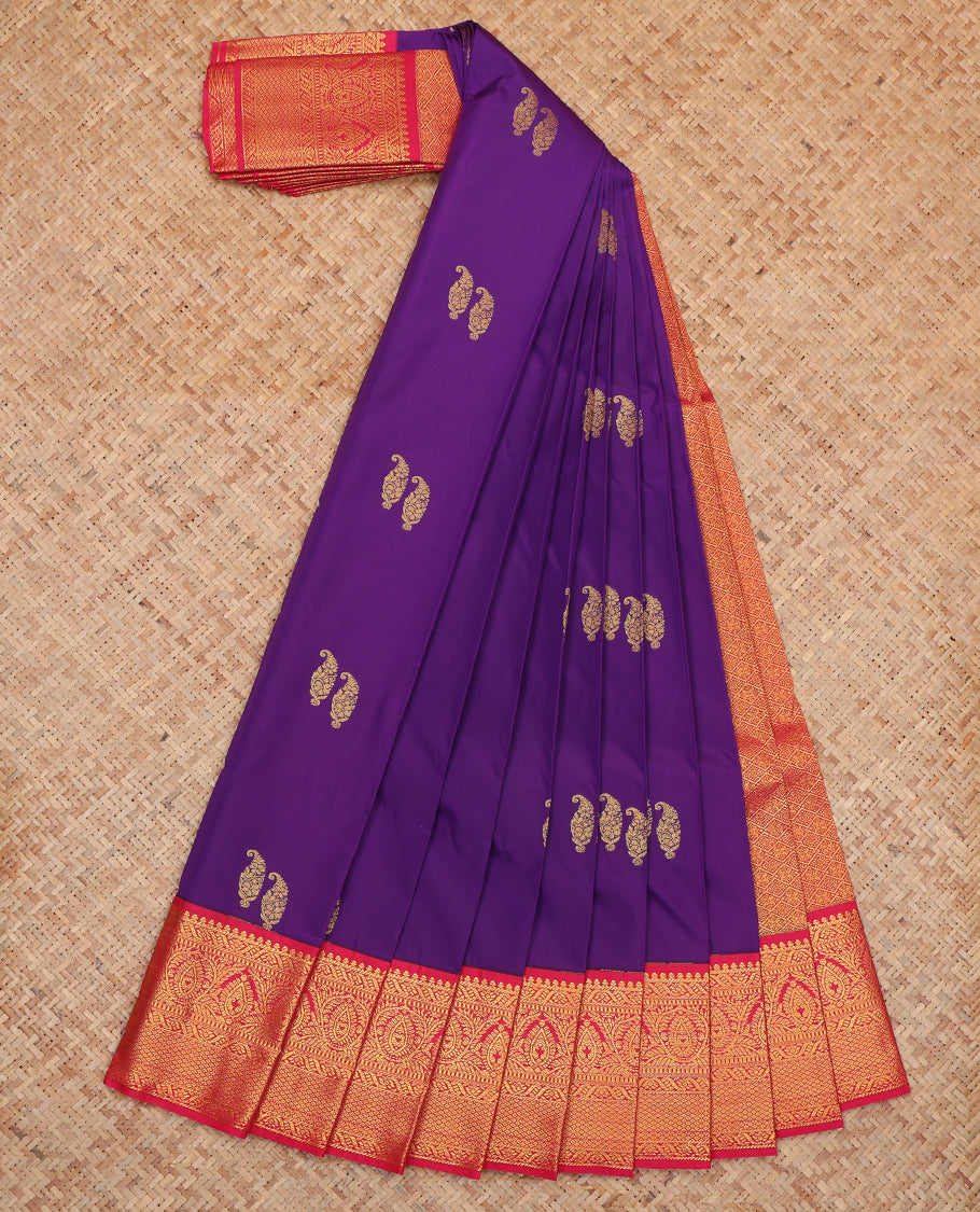 Purple Budget Silk Saree, Embellished with Zari Buttas, Complemented by a Contrast Traditional Zari Border, Grand Pallu, and Contrast Blouse