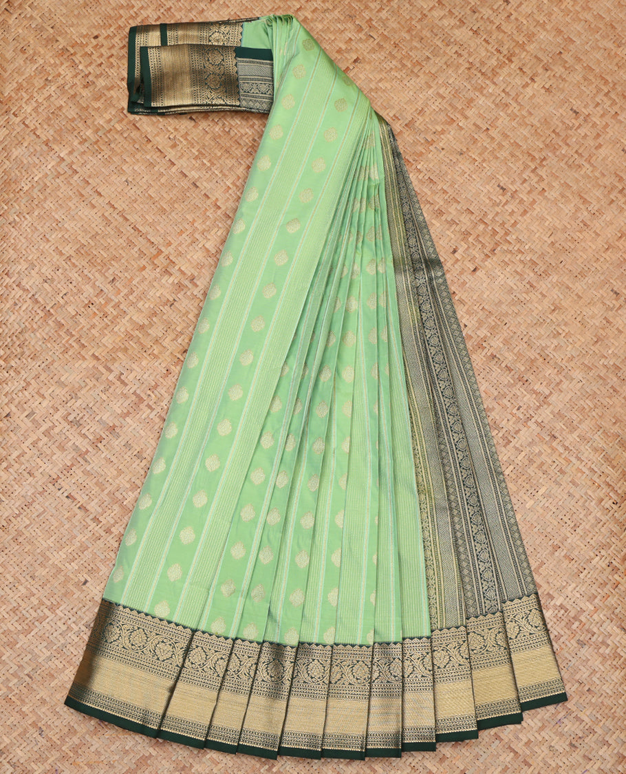 Green Budget Silk Saree, Enthralled with Zari Buttas and Stripes, a Contrast Traditional Zari Border, Grand Pallu, and a Contrast Blouse