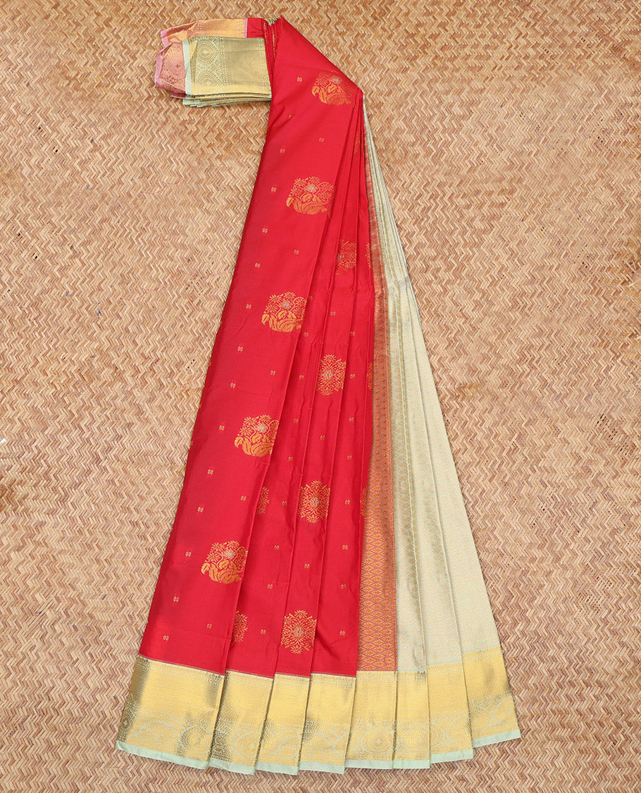 Red Budget Silk Saree, Embellished with Zari Buttas, Complemented by a Contrast Traditional Zari Border, Grand Jaal Pallu, and Contrast Blouse