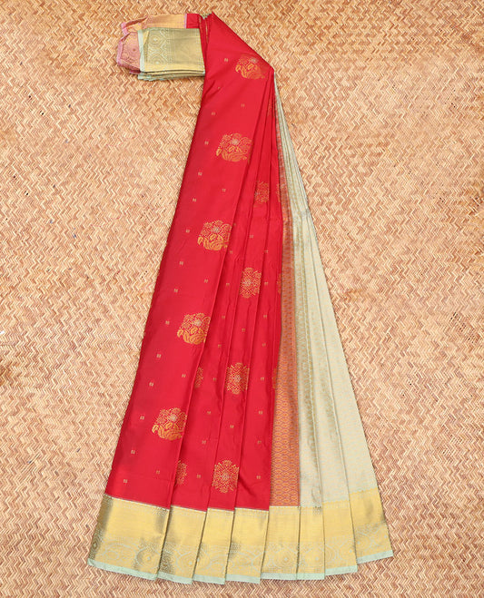 Red Budget Silk Saree, Embellished with Zari Buttas, Complemented by a Contrast Traditional Zari Border, Grand Jaal Pallu, and Contrast Blouse