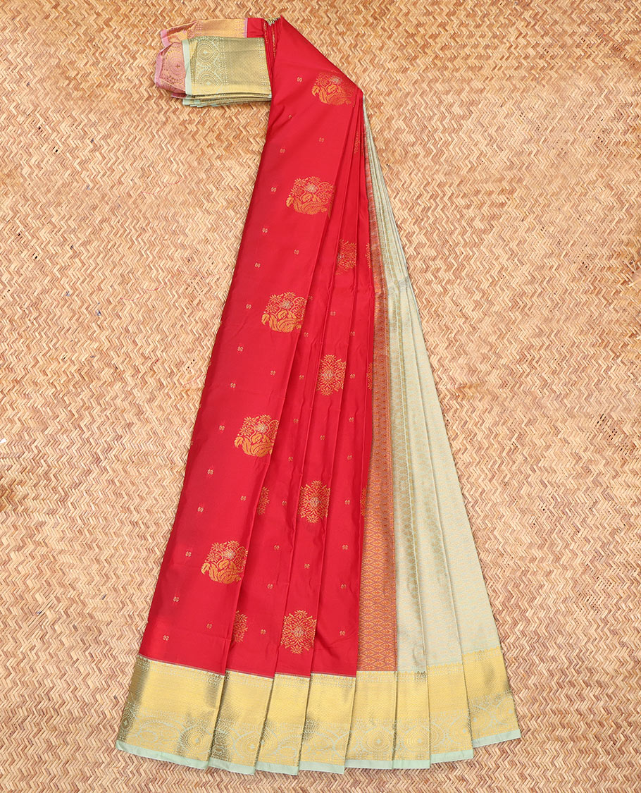 Red Budget Silk Saree, Embellished with Zari Buttas, Complemented by a Contrast Traditional Zari Border, Grand Jaal Pallu, and Contrast Blouse