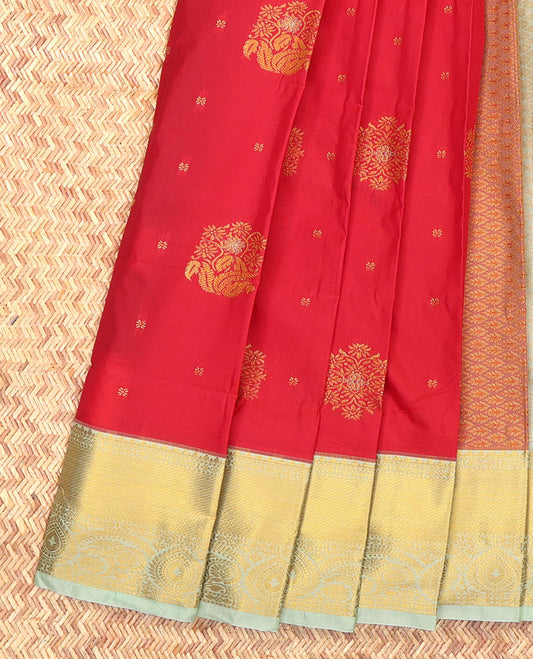 Red Budget Silk Saree, Embellished with Zari Buttas, Complemented by a Contrast Traditional Zari Border, Grand Jaal Pallu, and Contrast Blouse