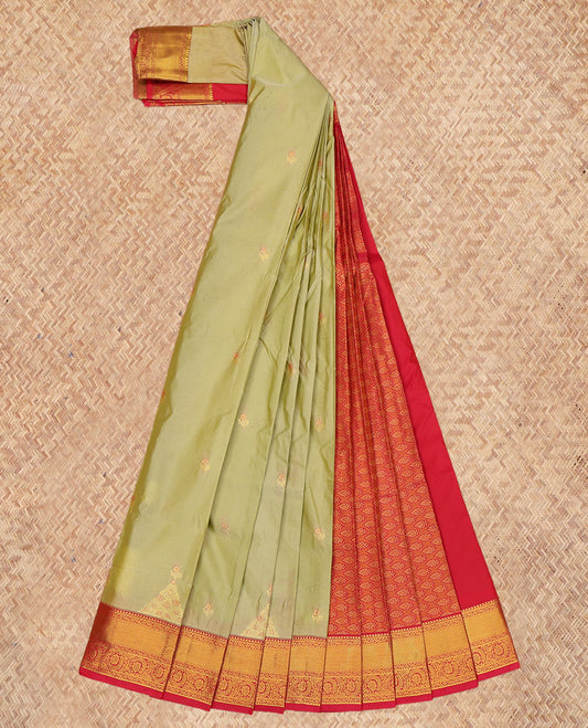 Green Budget Silk Saree, Graced with Zari Buttas, a Contrast Traditional Zari Border, Grand Pallu, and a Contrast Blouse