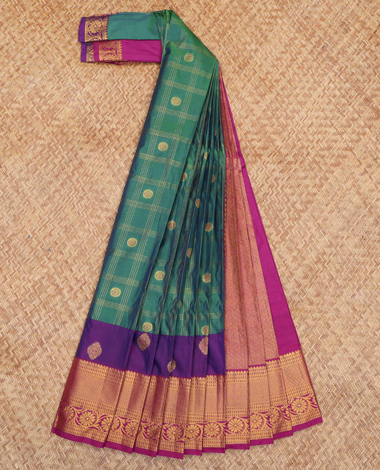 Green Budget Silk Saree, Ornamented with Zari Buttas and Checks, a Contrast Floral Creeper Zari Border, Jaal Pallu, and a Contrast Blouse