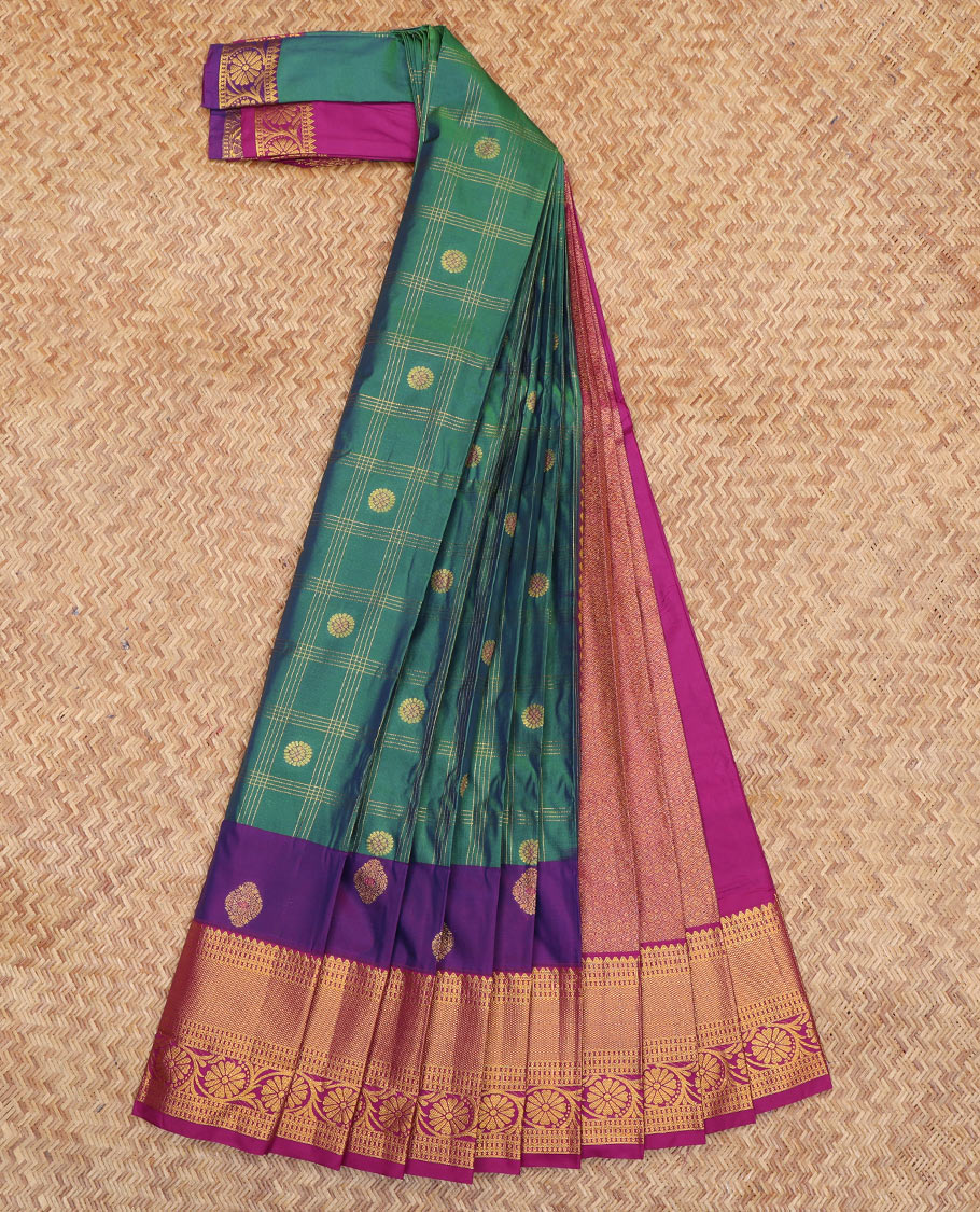 Green Budget Silk Saree, Ornamented with Zari Buttas and Checks, a Contrast Floral Creeper Zari Border, Jaal Pallu, and a Contrast Blouse