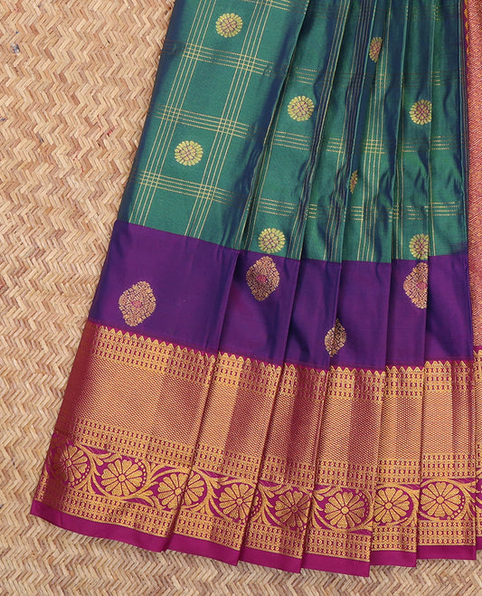 Green Budget Silk Saree, Ornamented with Zari Buttas and Checks, a Contrast Floral Creeper Zari Border, Jaal Pallu, and a Contrast Blouse