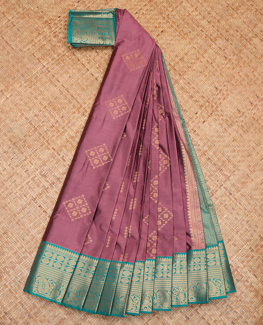 Brown Budget Silk Saree, Graced with Zari Buttas, a Contrast Traditional Zari Border, Grand Jaal Pallu, and a Contrast Blouse