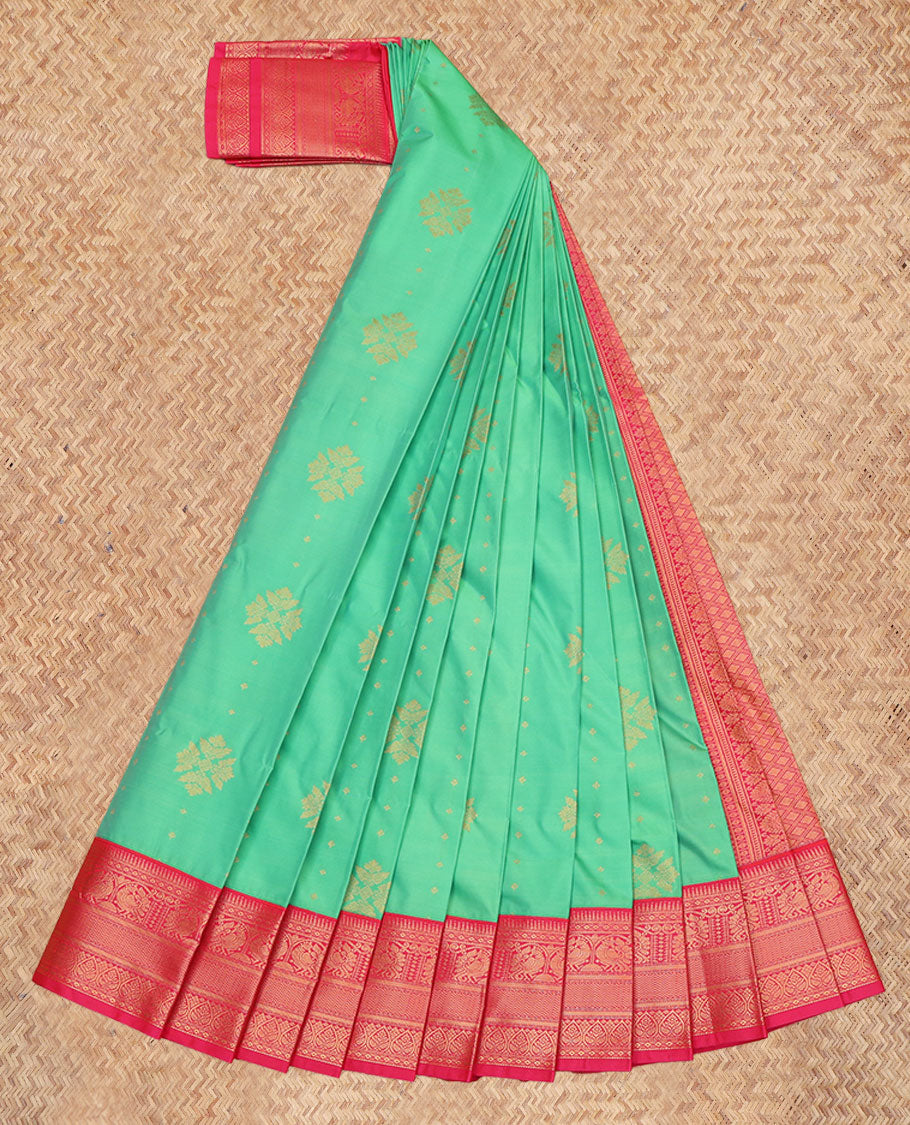 Green Budget Silk Saree, Embellished with Zari Buttas, a Contrast Traditional Zari Border, Grand Pallu, and a Contrast Blouse
